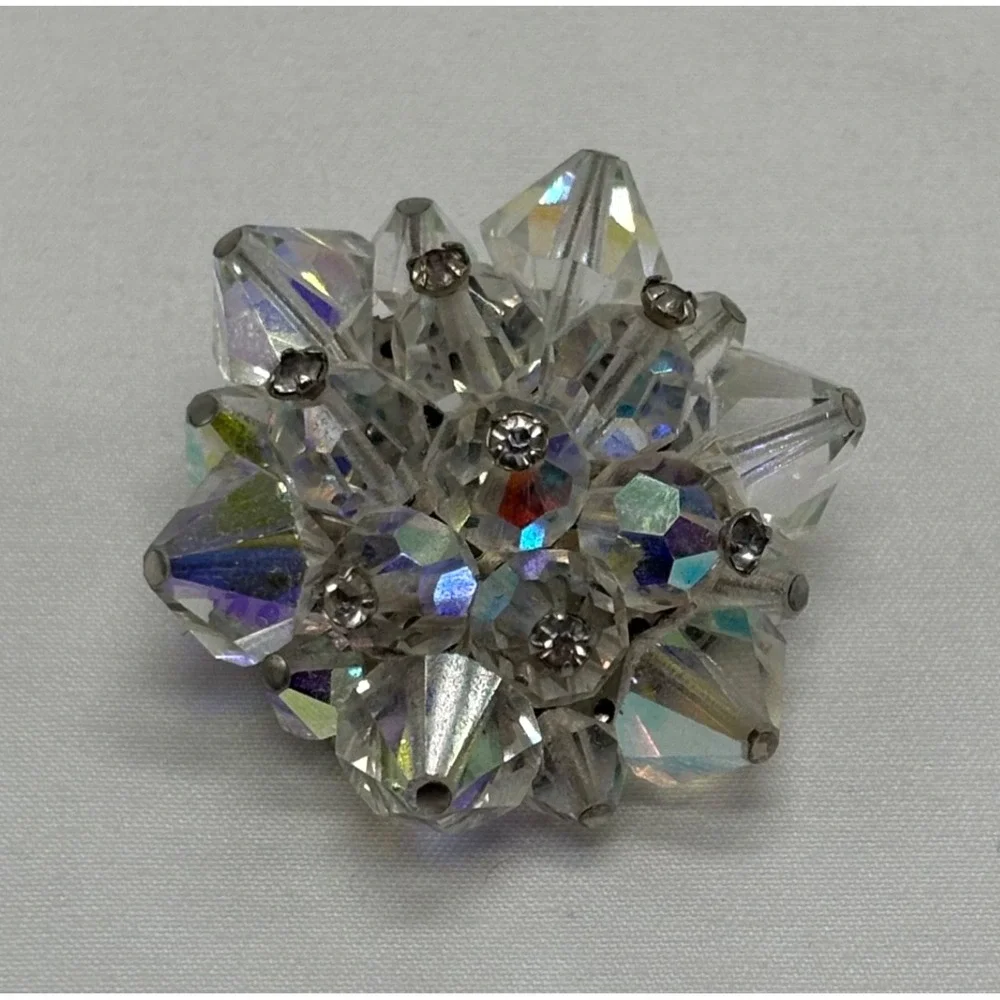 Vintage‎ Aurora Borealis Glass Crystal Beaded Round BROOCH PIN